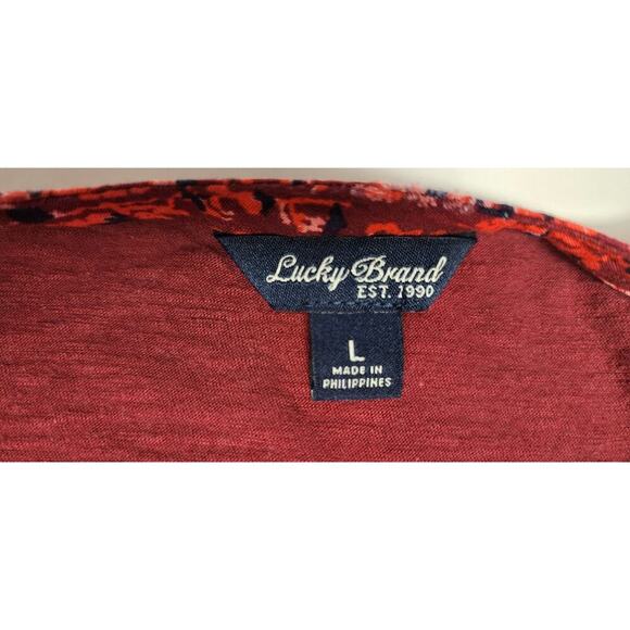 Lucky Brand Round Neck Roll-Tab Sleeve Tunic Paisley Print Floral Blouse Red Lg - Picture 7 of 8